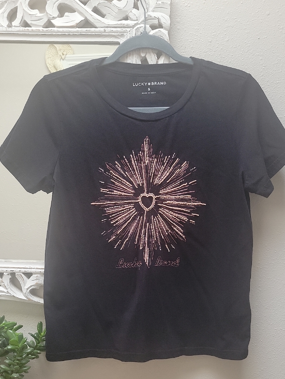 Lucky Brand Black Tee with Rose-Gold Burst Heart Graphic